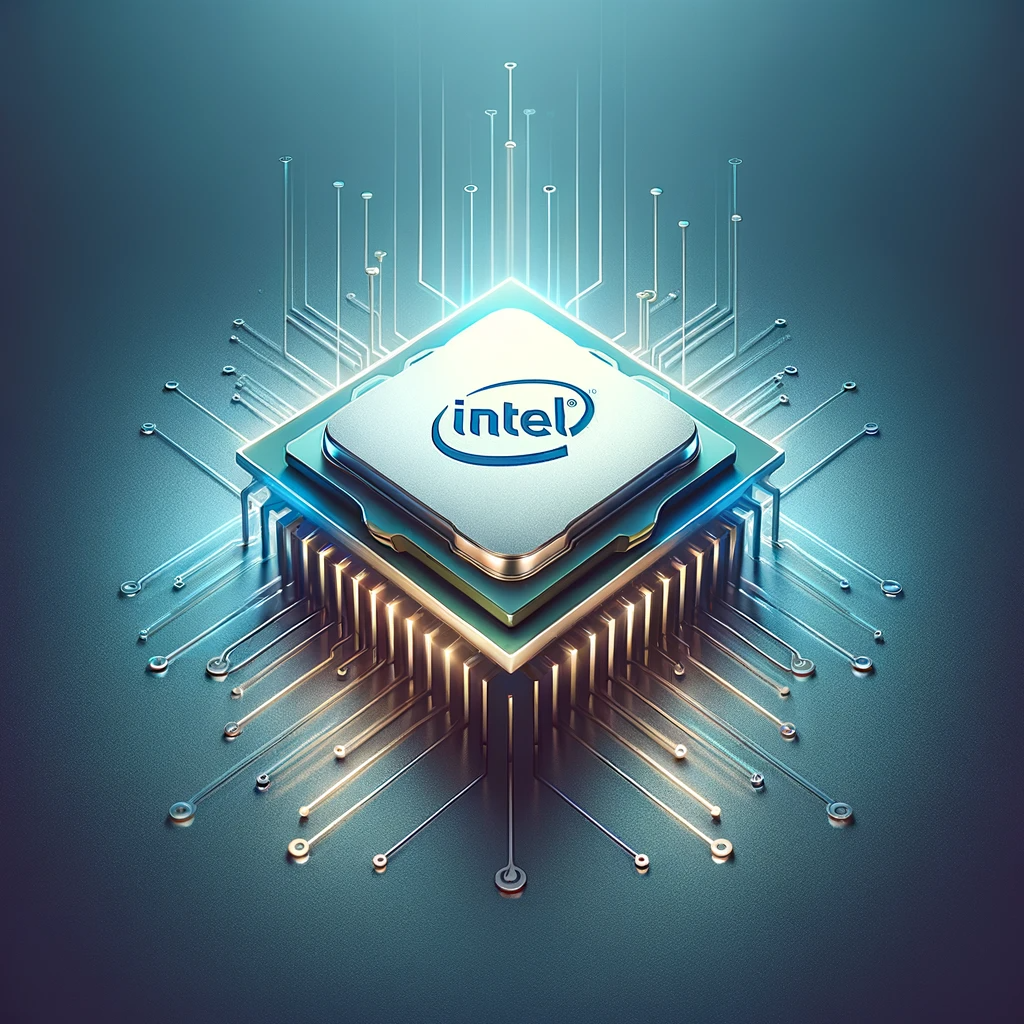 Processeur Intel Core i7 dans un design moderne et minimaliste, mettant en avant la technologie avancée et l'efficacité, avec un style épuré et puissant pour un public averti en technologie.